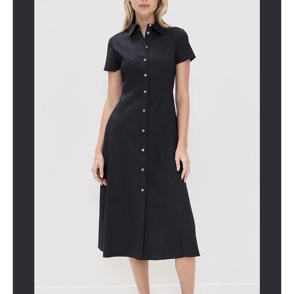 Theory Womens Linen Blend Midi Shirt Dress Size 14 Black Button Up Minimalist